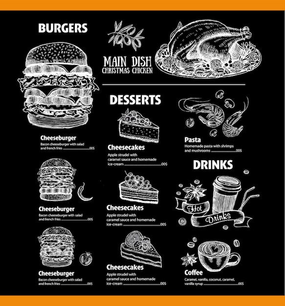 Plantilla de diseño de restaurante de cafetería de menú flyer con gráfico dibujado a mano