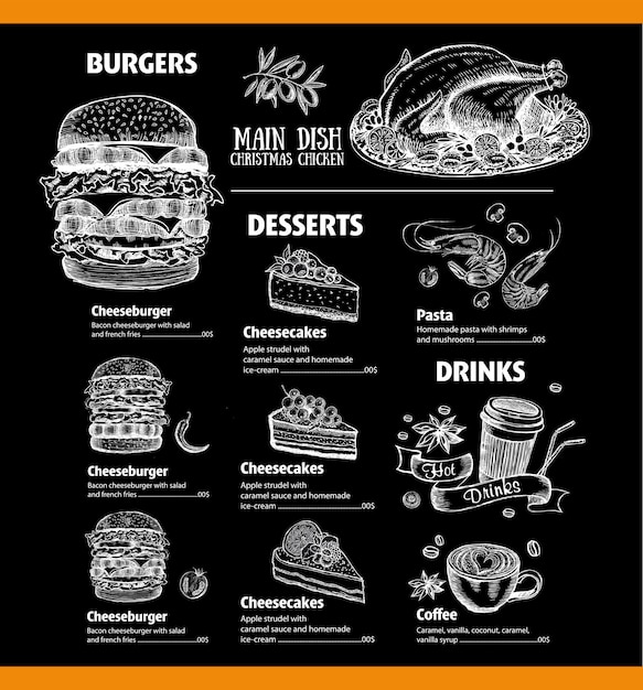 Plantilla de diseño de restaurante de cafetería de menú Flyer con gráfico dibujado a mano