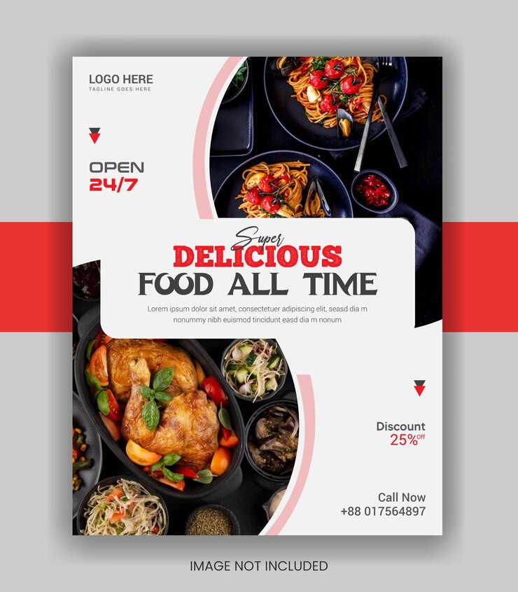 Vector plantilla de diseño de restaurante delicious food flyer y banner vectorial de comida de restaurante en las redes sociales