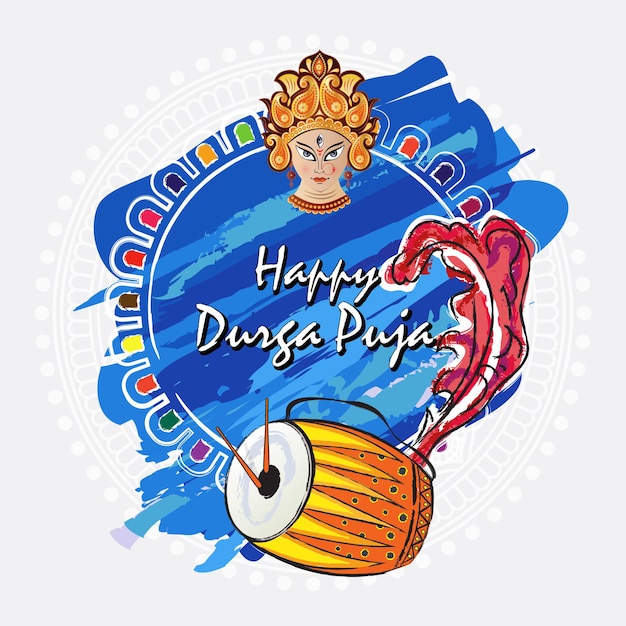 Plantilla de diseño de saludo de Happy Durga Puja con ilustración de la cara de la diosa Durga
