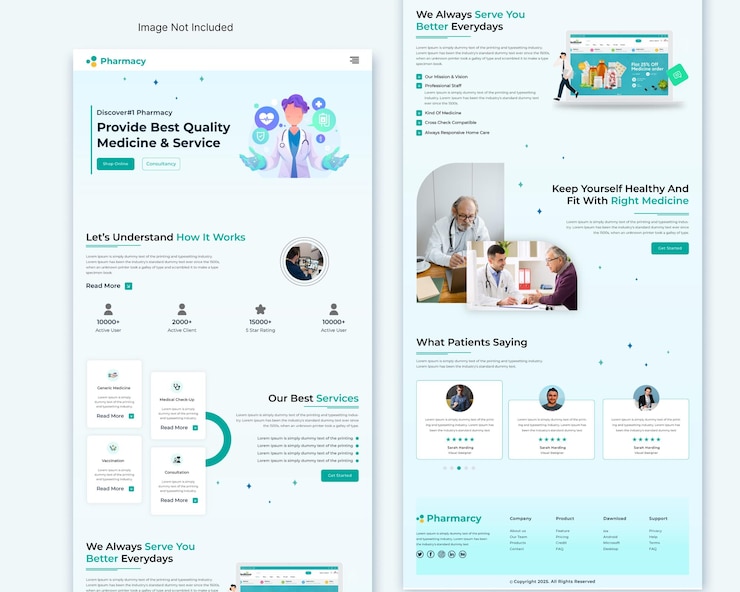 Vector plantilla de diseño de sitio web de página de destino de tienda de farmacia en línea para la interfaz de usuario web de servicio médico doméstico empresarial