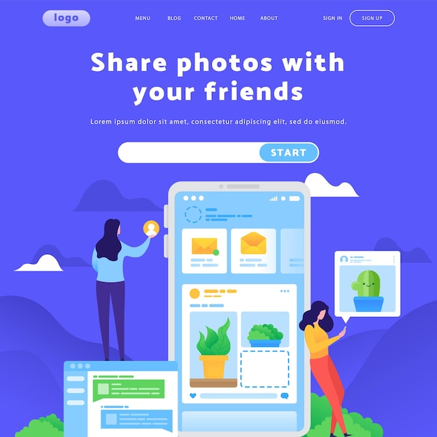 plantilla de diseño de sitio web vectorial aplicación de redes sociales y intercambio de fotos notificación de correo electrónico conceptos de página de aterrizaje para el desarrollo de sitios web móviles ilustración plana moderna