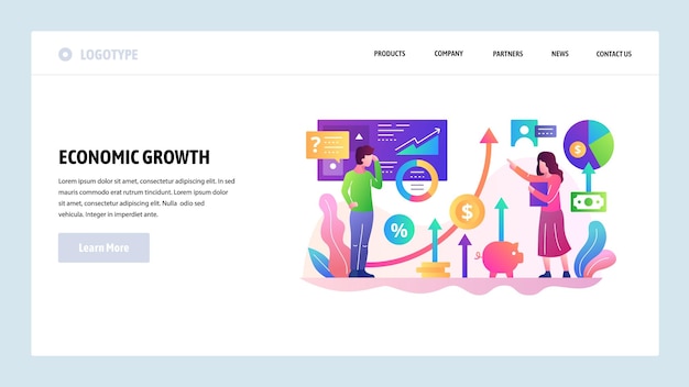 Plantilla de diseño de sitio web vectorial Desarrollo empresarial y crecimiento económico gráficos y gráficos financieros Conceptos de página de aterrizaje para desarrollo de sitios web y móviles Ilustración plana moderna