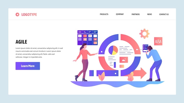 Vector plantilla de diseño de sitio web vectorial gestión de proyectos ágil y tablero de tareas scrum desarrollo de software ágil y kanban conceptos de página de aterrizaje para desarrollo de sitios web y móviles