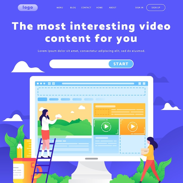 plantilla de diseño de sitio web vectorial marketing de contenido de video equipo femenino construir sitio wireframe conceptos de página de aterrizaje para el desarrollo de sitios web móvil ilustración plana moderna