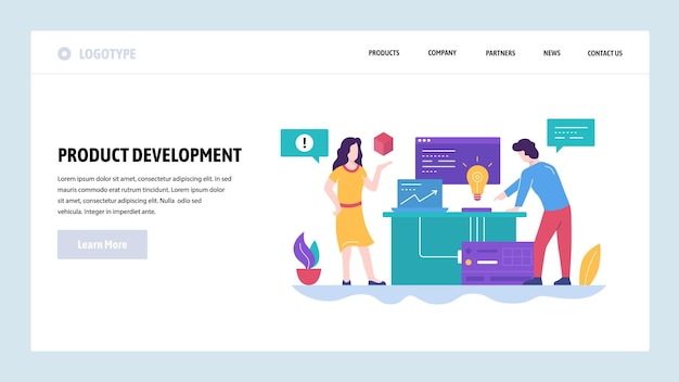 plantilla de diseño de sitio web vectorial Nuevo desarrollo de producto idea de creación Equipo en la oficina Conceptos de página de aterrizaje para el desarrollo de sitios web y móviles Ilustración plana moderna