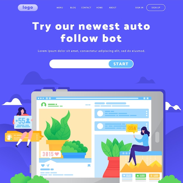 plantilla de diseño de sitio web vectorial promoción de marketing digital y redes sociales aplicación de intercambio de fotos seguir perfil conceptos de página de aterrizaje para desarrollo de sitio web móvil ilustración plana moderna