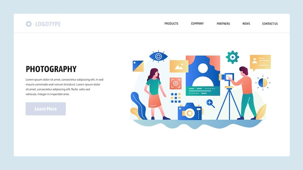 plantilla de diseño de sitio web vectorial Servicio de fotografía de estudio de fotos cámara digital Conceptos de página de aterrizaje para desarrollo de sitios web y móviles Ilustración plana moderna