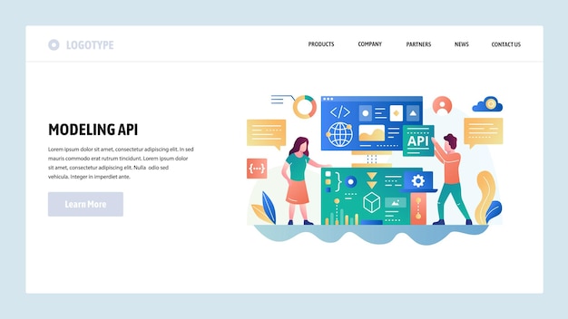 plantilla de diseño de sitio web vectorial tecnología API y desarrollo de software conceptos de página de aterrizaje para sitio web y desarrollo móvil ilustración plana moderna