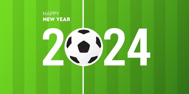 Vector plantilla de diseño de tarjeta de felicitación o banner de feliz año nuevo 2024 en concepto de fútbol o fútbol