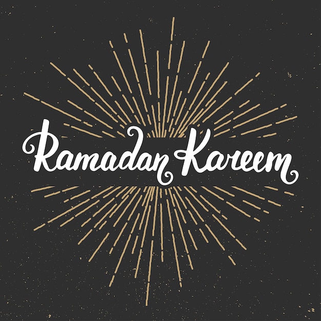 Plantilla de diseño de tarjeta de felicitación de ramadan kareem con caligrafía moderna y rayos de sol en estilo vintage. letras escritas a mano. elementos de diseño hechos a mano. mes sagrado musulmán.