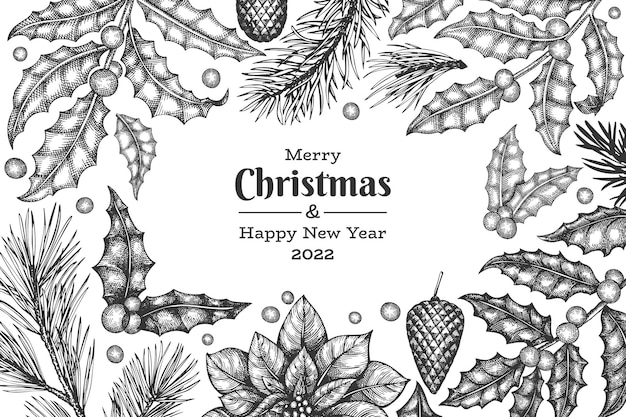 Plantilla de diseño de tarjeta de felicitación de vector dibujado a mano de Navidad. Ilustración botánica de estilo vintage. Banner de Navidad de plantas de invierno.