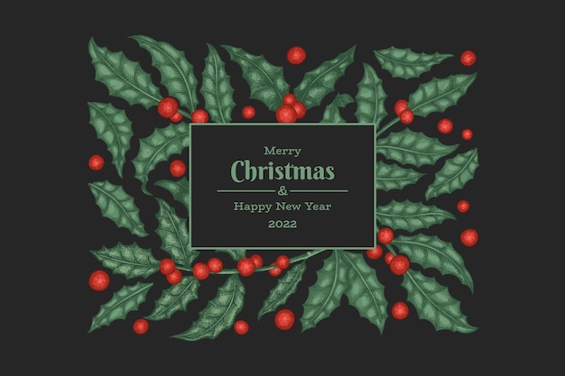 Plantilla de diseño de tarjeta de felicitación de vector dibujado a mano de Navidad Ilustración botánica de estilo vintage Banner de Navidad de plantas de invierno