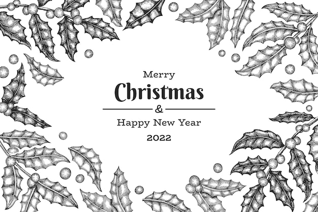 Plantilla de diseño de tarjeta de felicitación de vector dibujado a mano de Navidad Ilustración botánica de estilo vintage Banner de Navidad de plantas de invierno