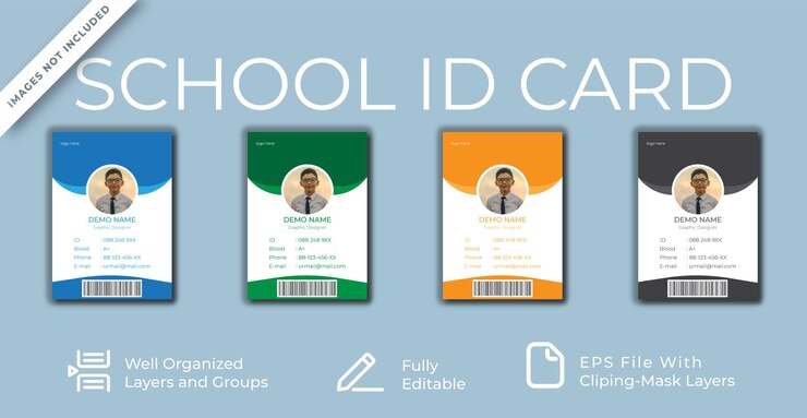 Vector plantilla de diseño de tarjeta de identificación de escuela de color azul naranja verde gris de retrato