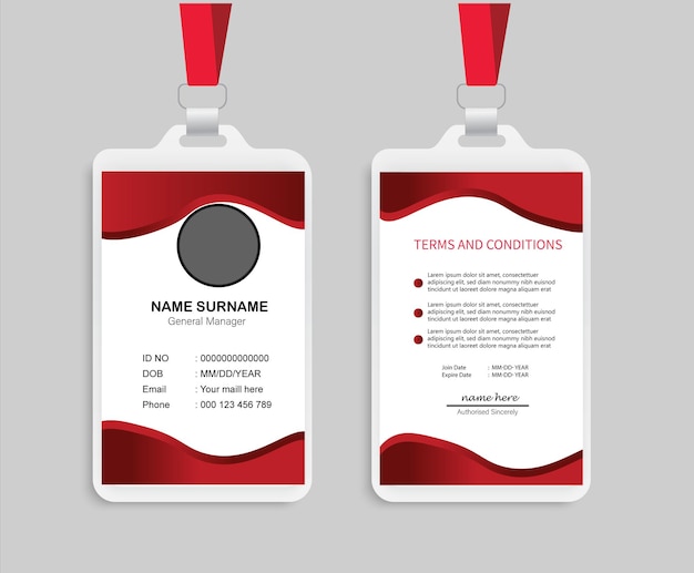 Plantilla de diseño de tarjeta de identificación de oficina moderna con color rojo y negro