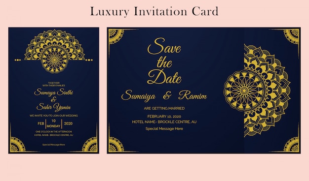 Plantilla de diseño de tarjeta de invitación de boda con estilo dorado mandala de lujo