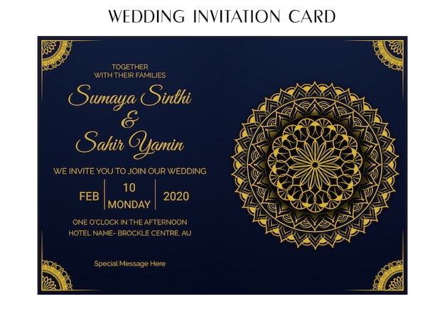 Plantilla de diseño de tarjeta de invitación de boda con estilo dorado mandala de lujo