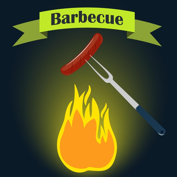 Vector plantilla de diseño de tarjeta de invitación de fiesta de barbacoa tenedor de salchicha de fuego estilo plano de ilustración vectorial