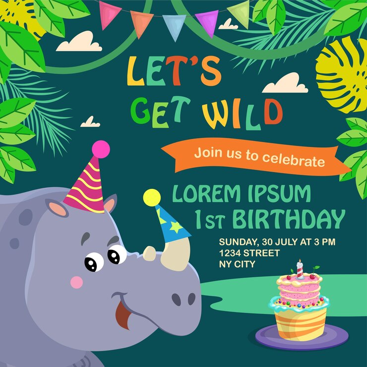 Vector plantilla de diseño de tarjeta de invitación y saludo de cumpleaños lindo rinoceronte africano fiesta divertida en la selva ilustración vectorial