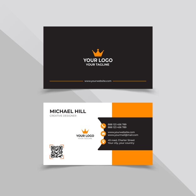 Plantilla de diseño de tarjeta de visita creativa en color blanco negro y naranja