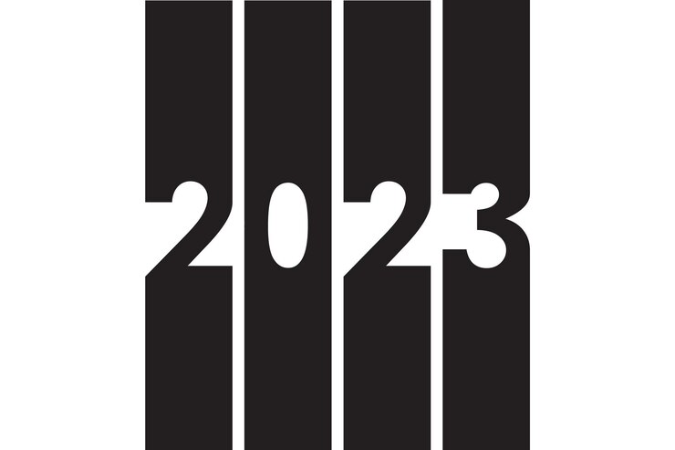 Vector plantilla de diseño de texto de logotipo de feliz año nuevo 2023 ilustración vectorial con etiquetas negras aisladas sobre fondo blanco