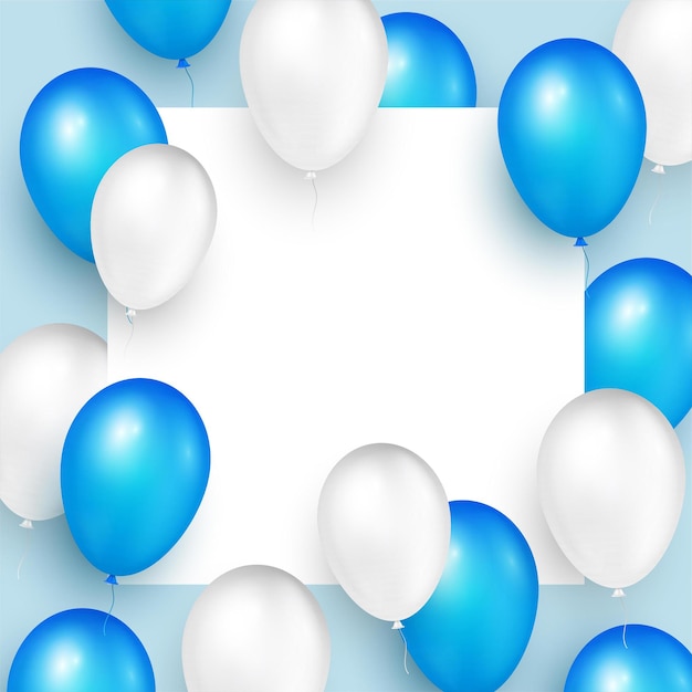 Plantilla de diseño vacío vectorial realista con globos brillantes de helio voladores azules y blancos