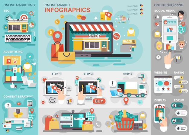 Plantilla de diseño de vector de infografía plana de mercado en línea