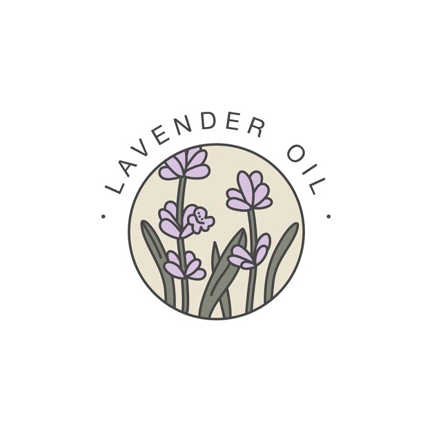 Plantilla de diseño vectorial y emblema - aceite saludable y cosmético. Lavanda natural, aceite orgánico. Logo colorido en estilo lineal de moda.