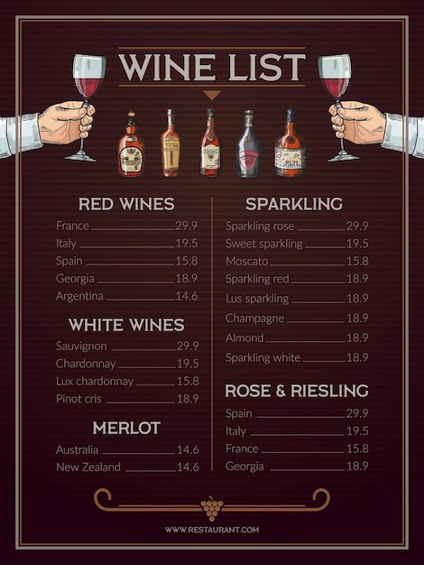 Vector plantilla de diseño vectorial de impresión de menú de vino con lugar para el texto