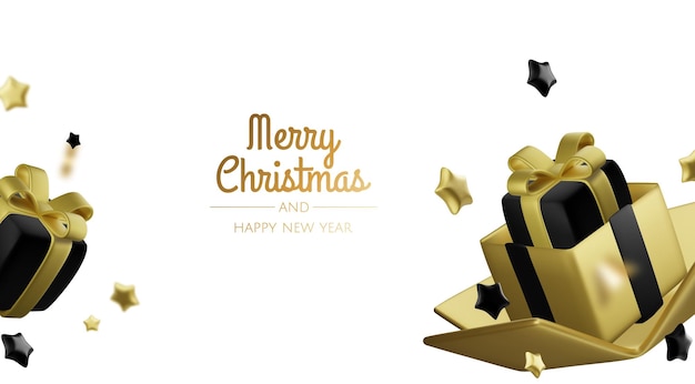 Vector plantilla de diseño de ventas de año nuevo o navidad ilustración vectorial fondo de invierno con caja de regalos decorativa y estrellas doradas