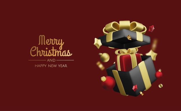 plantilla de diseño de ventas de Año Nuevo o Navidad Ilustración vectorial Fondo de invierno con caja de regalos decorativa y estrellas doradas