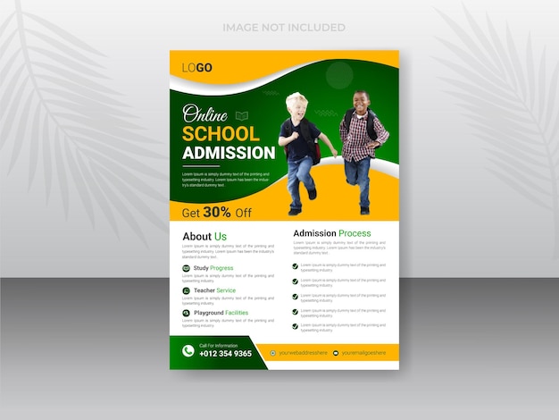 Plantilla de diseño de volante de admisión de educación de regreso a la escuela con formas de color verde y amarillo