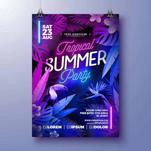 plantilla de diseño de volante de fiesta de verano con luz de neón brillante en hojas tropicales fluorescentes de fondo