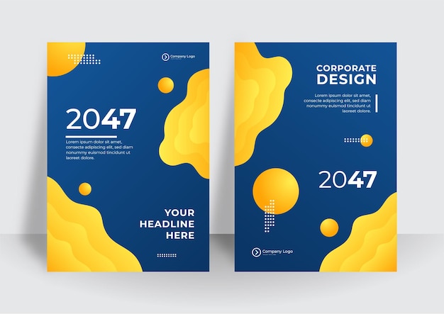 Plantilla de diseño de volante de negocios en tamaño A4. Diseño de portada de plantilla de folleto moderno, informe anual con líneas geométricas y onduladas azules para promoción empresarial sobre fondo blanco, ilustración vectorial