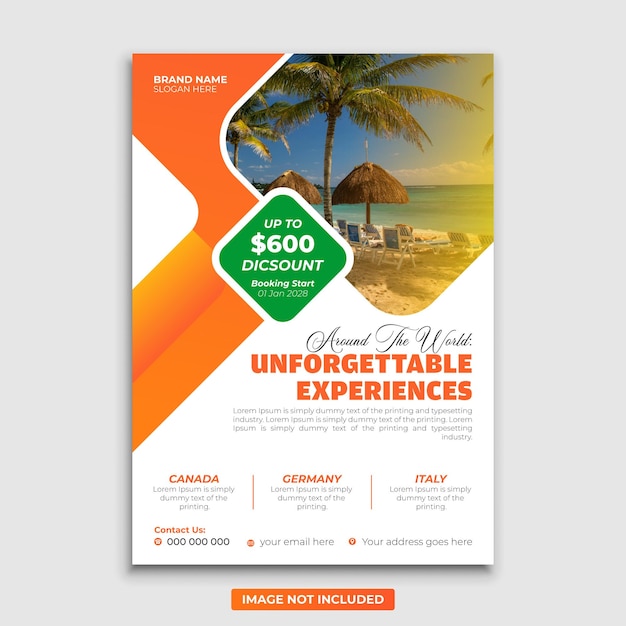 Una plantilla de diseño de volante de viaje geométrico limpio para el turismo de vacaciones y la publicidad de vacaciones
