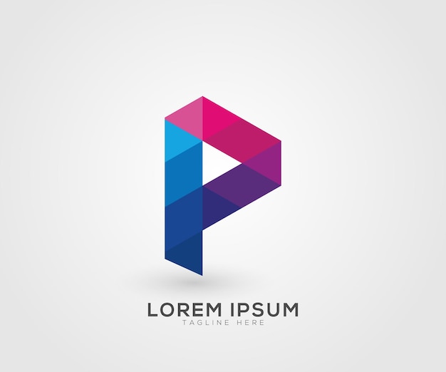 Plantilla de diseños de concepto de tecnología de medios de botón de reproducción de logotipo de letra P vectorial
