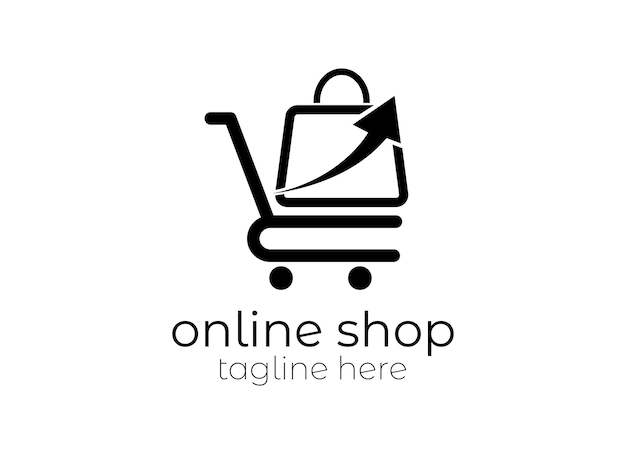 Plantilla de diseños de logotipo de tienda en línea. Gráfico vectorial ilustrativo del carro de la compra y el bolso de la tienda.
