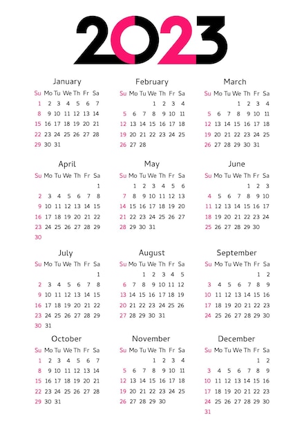 Plantilla editable del año 2023 del calendario. Plantilla de planificador de diseño corporativo de domingo de inicio de semana