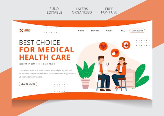 Plantilla editable de diseño de página de destino de atención médica moderna