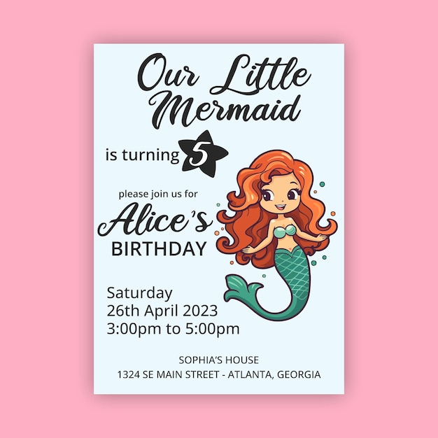 Vector plantilla editable de invitación de cumpleaños de sirena