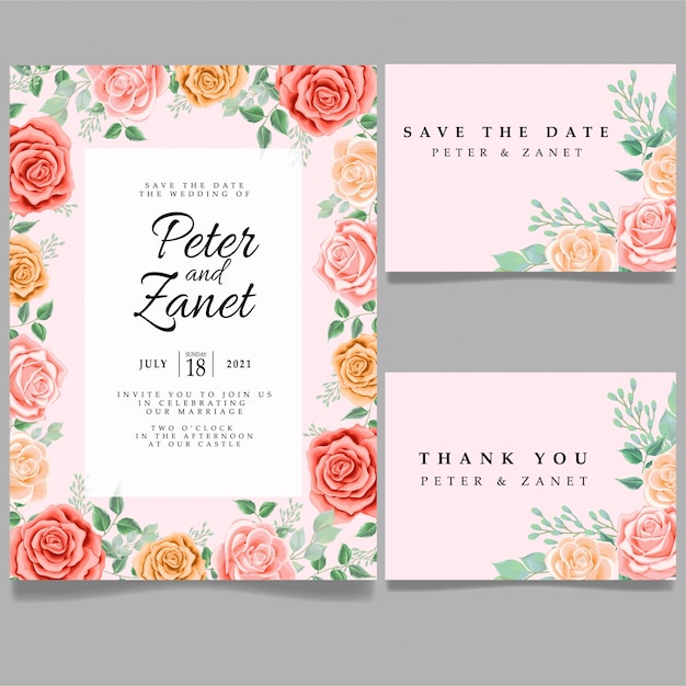 Plantilla editable de invitación de evento de boda rosa de belleza con tarjeta de agradecimiento