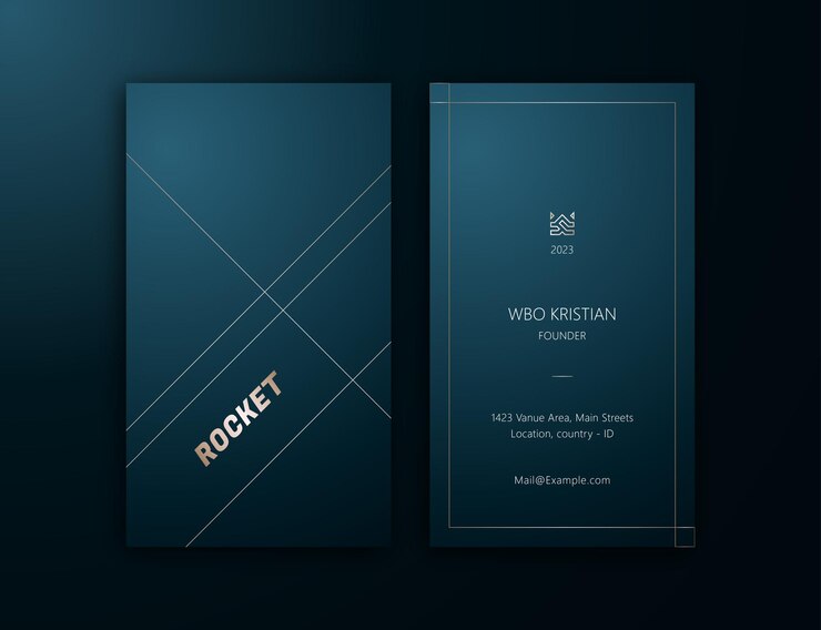 Plantilla editable de tarjeta de visita vertical elegante simple, oro de lujo sobre fondo azul oscuro