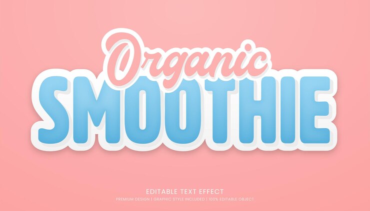 Vector plantilla de efecto de texto 3d editable de batido orgánico tipografía en negrita y logotipo de bebidas de estilo abstracto
