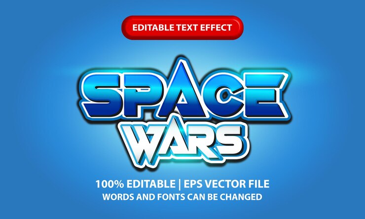 Vector plantilla de efecto de texto 3d editable de space wars - tema de espacio de letras 3d brillante