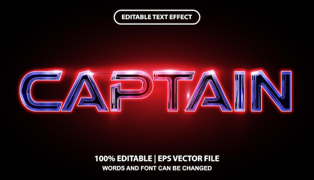 Plantilla de efecto de texto editable Capitán, estilo de fuente de efecto de luz de neón futurista