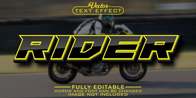 Vector plantilla de efecto de texto editable de motociclista amarillo