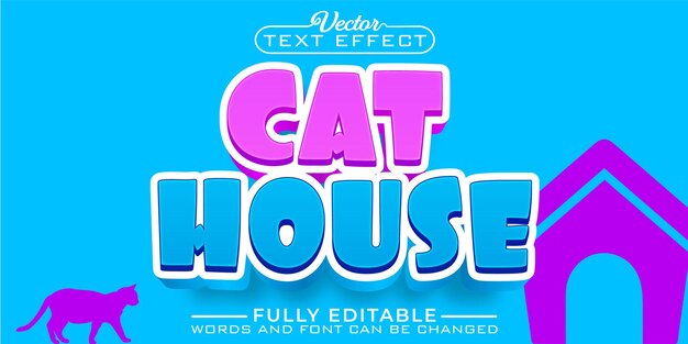 Plantilla de efecto de texto editable de vector de casa de gato de dibujos animados
