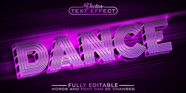 Plantilla de efecto de texto editable de vector de danza brillante púrpura de los años 80