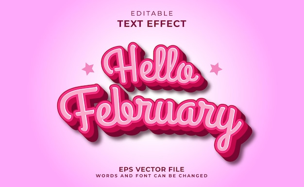 Plantilla de efecto de texto hola febrero 3d con color rosa